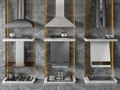 Modern Kitchen Appliances Display With Range Hoods Stovetops And Marble Background 3d model