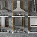 Modern Kitchen Appliances Display With Range Hoods Stovetops And Marble Background
