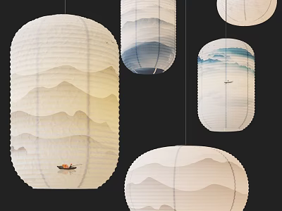 Decorative Paper Lanterns With Mountain Patterns Wave Designs And Small Boat Motifs Hanging 3d model