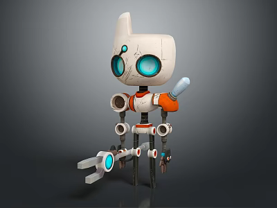 3D Robot Character With White Orange Body Blue Glowing Eyes Mechanical Arms Legs And Tools 3d model