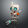 3D Robot Character With White Orange Body Blue Glowing Eyes Mechanical Arms Legs And Tools