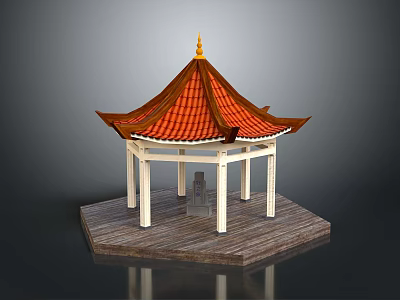 Traditional Pavilion With Red Tiled Roof Golden Spire White Pillars Wooden Base And Stone Lantern 3d model