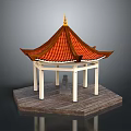 Traditional Pavilion With Red Tiled Roof Golden Spire White Pillars Wooden Base And Stone Lantern