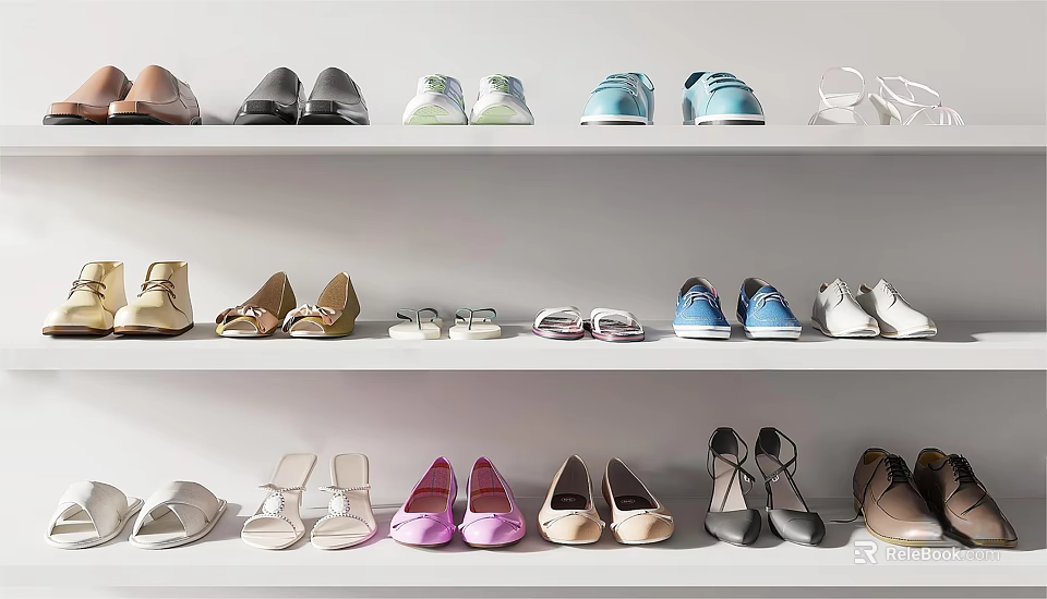 Various Style Colorful Shoes Displayed On Multiple White Shelves With Different Designs 3d model 