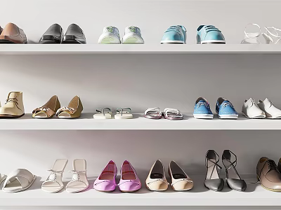 Various Style Colorful Shoes Displayed On Multiple White Shelves With Different Designs 3d model