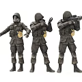 Game Movie Character In Tactical Military Uniform With Gas Mask And Combat Gear Poses