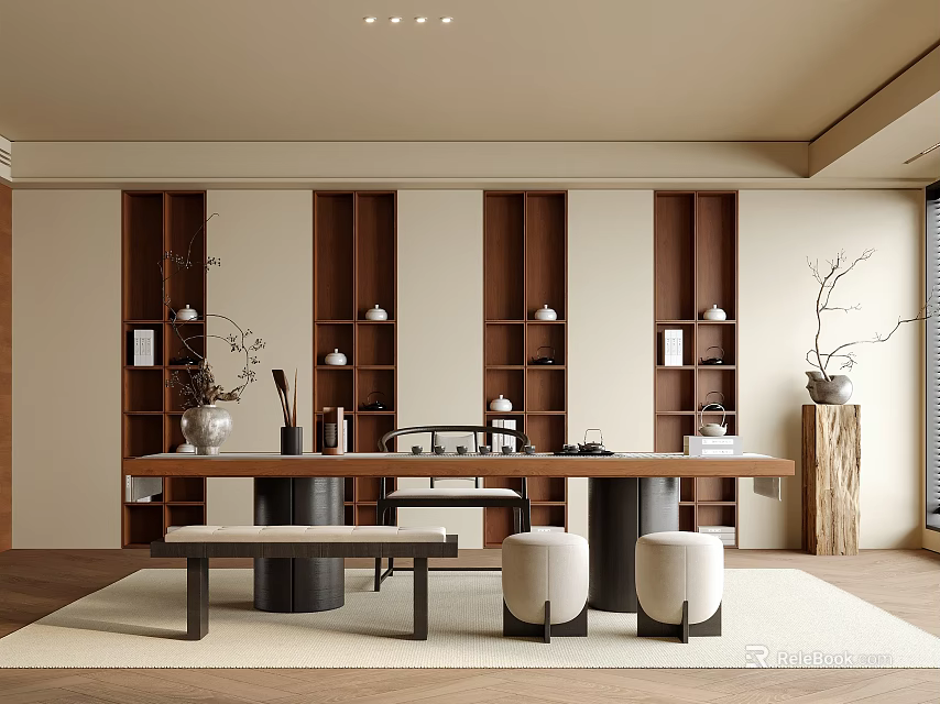 Modern Open Tea Room Interior Design With Wooden Shelves Tea Table And Stools 3d model 