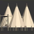 White Teepee Tents Interior Decor Setup With Wooden Poles And Decorative Accessories