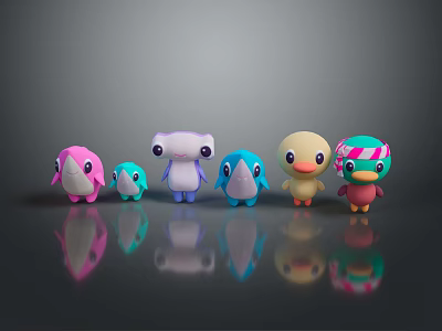 Cute Cartoon Characters And Colorful Creatures Standing In A Row With Reflections 3d model