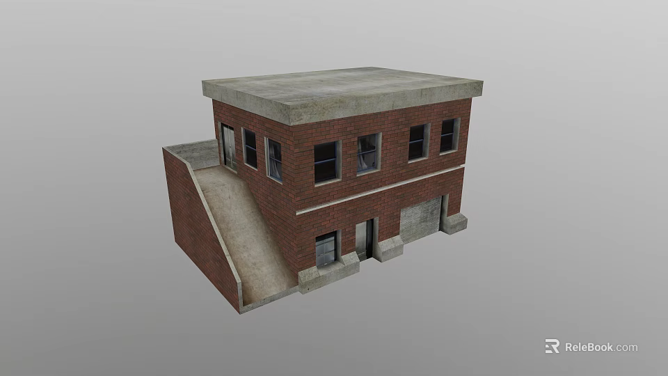Two Story Detached Villa With Red Brick Exterior Flat Roof Side Ramp Windows And Door 3d model 