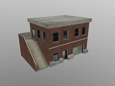 Two Story Detached Villa With Red Brick Exterior Flat Roof Side Ramp Windows And Door 3d model