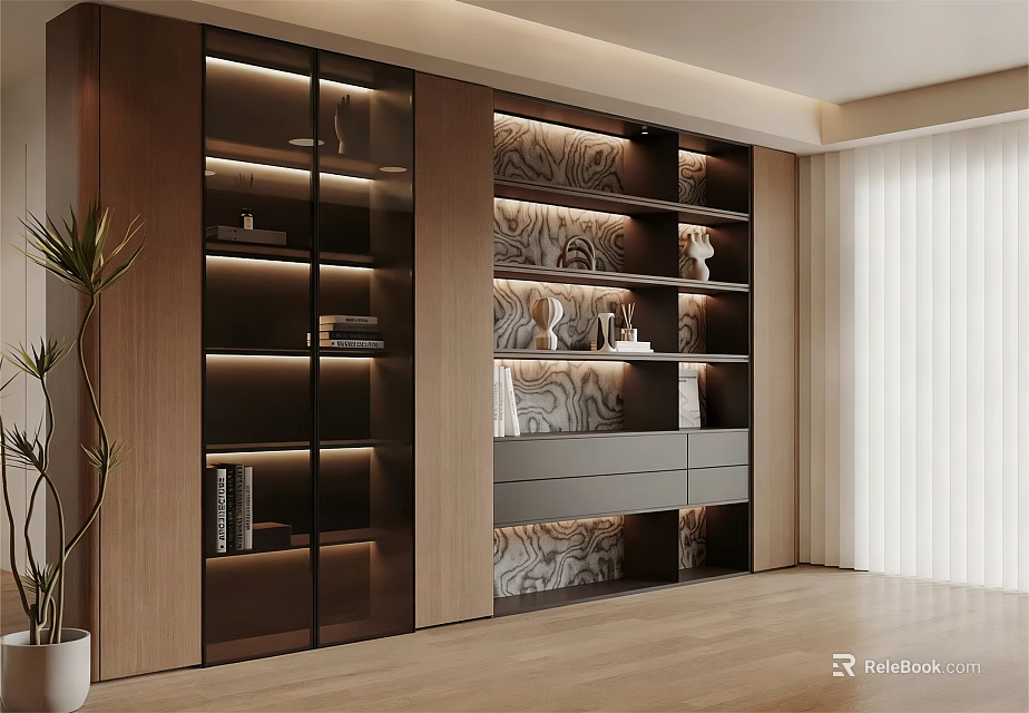 Elegant Modern Wooden Bookcase Design With Glass Doors Lighting Books And Decorations 3d model 