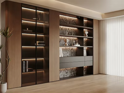 Elegant Modern Wooden Bookcase Design With Glass Doors Lighting Books And Decorations 3d model