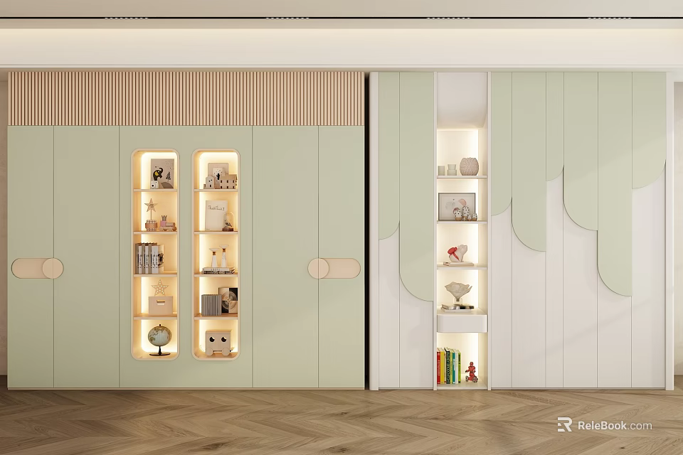 Modern Light Green Wardrobe With Illuminated Display Shelves And Decorative Items 3d model 
