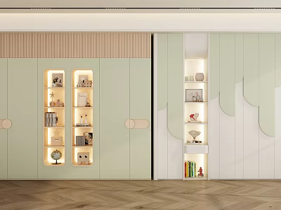 Modern Light Green Wardrobe With Illuminated Display Shelves And Decorative Items 3d model