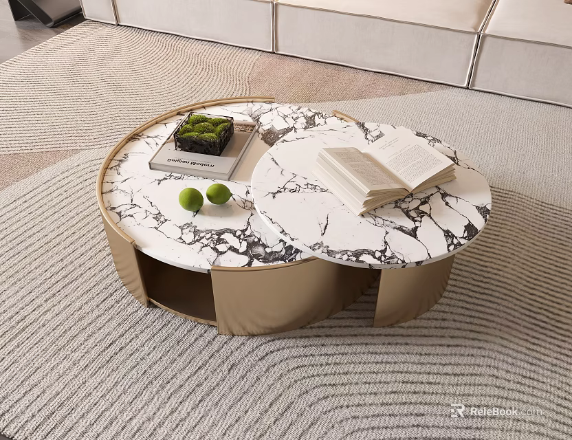 Modern Round Coffee Table With Marble Top Beige Base Green Plant Limes And Open Book 3d model 