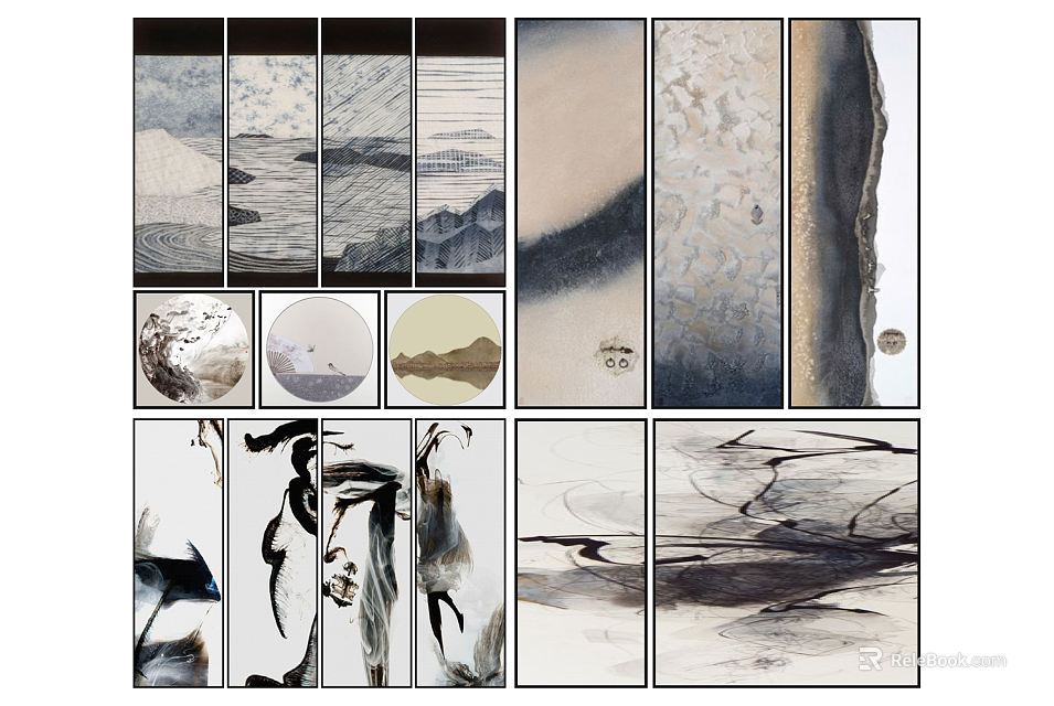 Modern Ink Abstract Wall Art With Black White Gray Tones And Abstract Lines Textures 3d model 