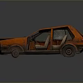 Rusty Orange Old Car With Open Doors And Worn Interior Seats