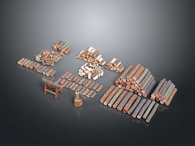 Various Wooden Logs And Stone Blocks Stacked With Crafting Tools And Materials 3d model