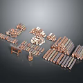 Various Wooden Logs And Stone Blocks Stacked With Crafting Tools And Materials