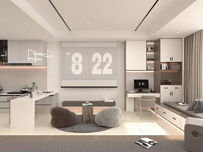 Modern Minimalist Apartment Interior With Cozy Seats Functional Storage And Workspace 3d model