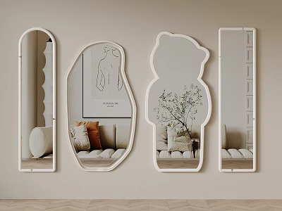 Decorative Wall Mirrors in Various Shapes Reflecting Living Room Interior Sofa and Artwork 3d model