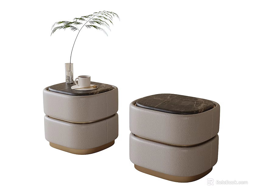 Modern Minimalist Bedside Tables with Light Beige Upholstery Marble Top and Decorative Plant in Vase 3d model 