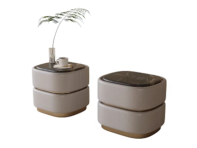 Modern Minimalist Bedside Tables with Light Beige Upholstery Marble Top and Decorative Plant in Vase 3d model