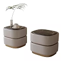 Modern Minimalist Bedside Tables with Light Beige Upholstery Marble Top and Decorative Plant in Vase