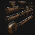 Vintage Brass Faucet Components With Rustic Metal Pipe Fittings And Textured Surfaces