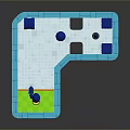 Miniature Golf Course Layout With Blue Borders Green Turf And Flag Pole