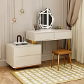 Stylish White Dressing Table With Golden Legs Unique Shaped Mirror Orange Stool And Makeup Tools
