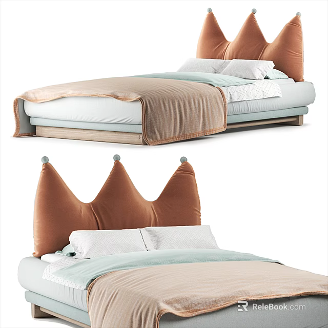 Cozy Kids Bed With Crown Shaped Brown Headboard And Soft Bedding 3d model 