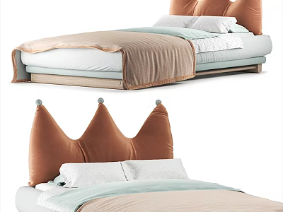 Cozy Kids Bed With Crown Shaped Brown Headboard And Soft Bedding 3d model