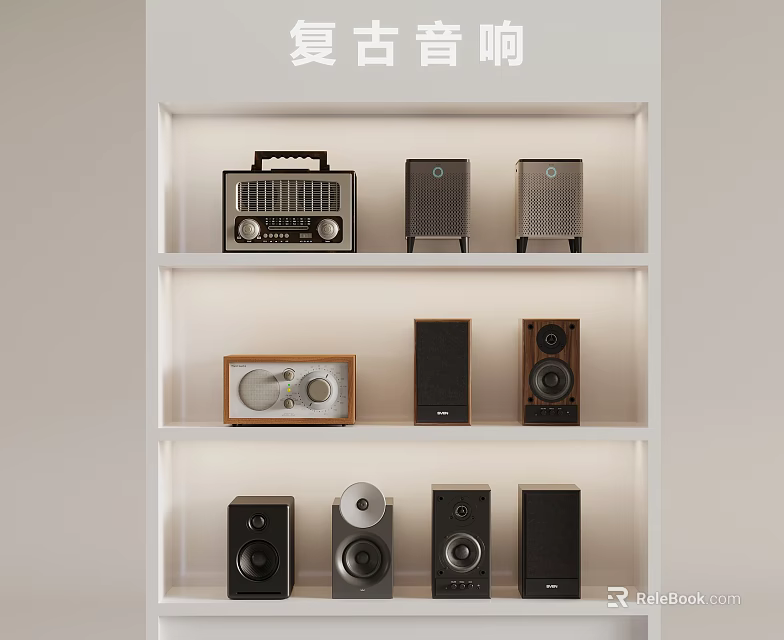 Vintage Audio Speakers Displayed On White Shelves With Classic Design Styles 3d model 