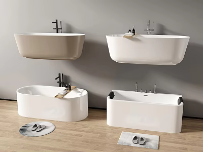 Modern Bathtubs Wall-mounted and Freestanding Beige White Bathroom Interior with Slippers Mats 3d model