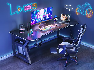 Gaming Desk Setup With Large Monitor Neon Lights Wall Decorations And Gaming Chair 3d model