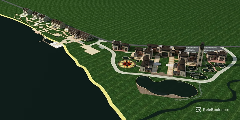 Residential Community Development With Green Lawns Waterfront Roads And Circular Plaza 3d model 