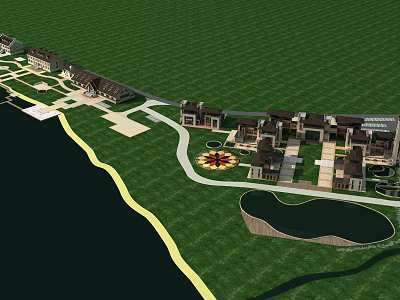 Residential Community Development With Green Lawns Waterfront Roads And Circular Plaza 3d model