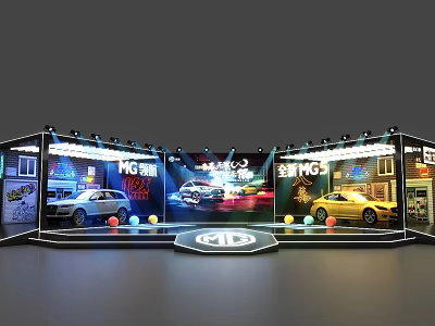 MG Car Exhibition Display With Stage Screen And Multiple Car Models 3d model