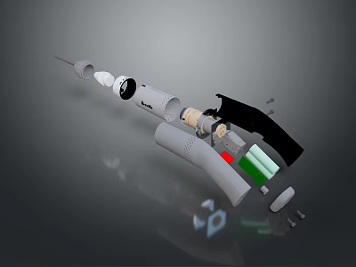 Disassembled Device Components with Black Parts Green Battery White Grey Cylindrical Pieces and Small Parts 3d model