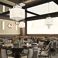 Traditional Chinese Restaurant Interior With Hanging Lanterns Calligraphy Wall And Dining Tables