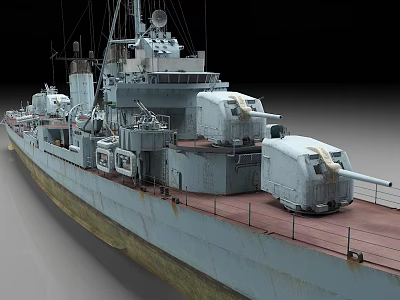 Vintage Warship With Red Deck Dual Main Turrets Superstructure And Weathered Hull 3d model