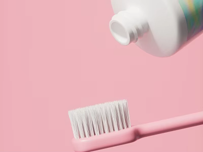 Pink Toothbrush With White Bristles And Toothpaste Bottle On Pink Background 3d model