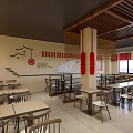 Modern Restaurant Interior with Red Signage White Tables Chairs Gray Walls and Staircase