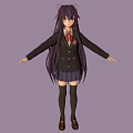 Anime Girl Character With Purple Long Hair Red Bow Black School Uniform And Long Socks