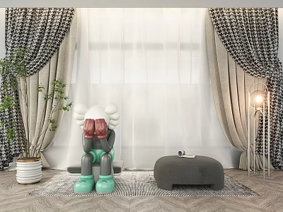 Modern Patterned Curtains with Sheer Panels and Living Room Decor Elements 3d model