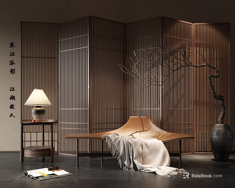Hotel Public Lounge Area Modern Wabi-sabi Featuring Wooden Screen Bench Table Lamp Vase With Twigs 3d model 