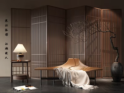 Hotel Public Lounge Area Modern Wabi-sabi Featuring Wooden Screen Bench Table Lamp Vase With Twigs 3d model