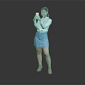 A Woman Wearing White Shirt And Blue Denim Skirt Using Smartphone Against Gray Reflective Floor